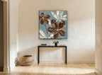 Chocolate Blooms on Slate floral canvas print on the wall of a hallway