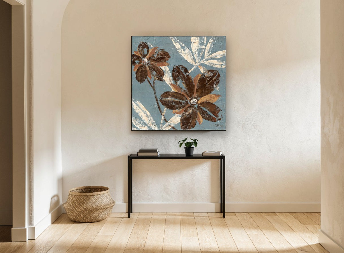 Chocolate Blooms on Slate floral canvas print on the wall of a hallway
