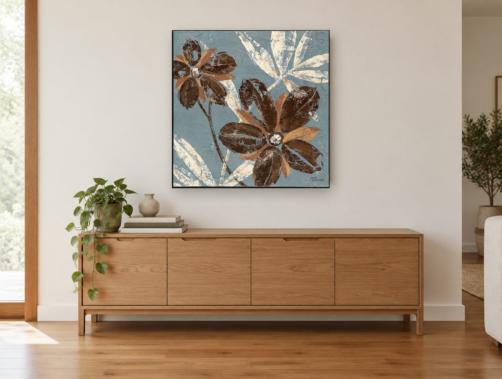Chocolate Blooms on Slate floral canvas print on the wall of a living room above a sideboard