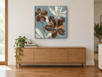 Chocolate Blooms on Slate floral canvas print on the wall of a living room above a sideboard