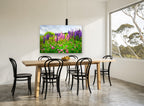 Lupin Meadow Bloom floral canvas print on the wall of a dining room