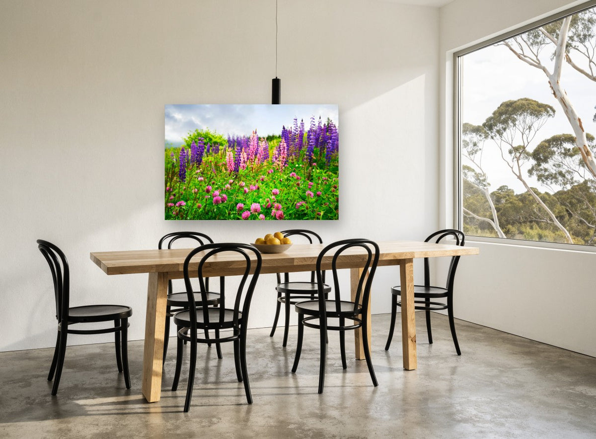 Lupin Meadow Bloom floral canvas print on the wall of a dining room