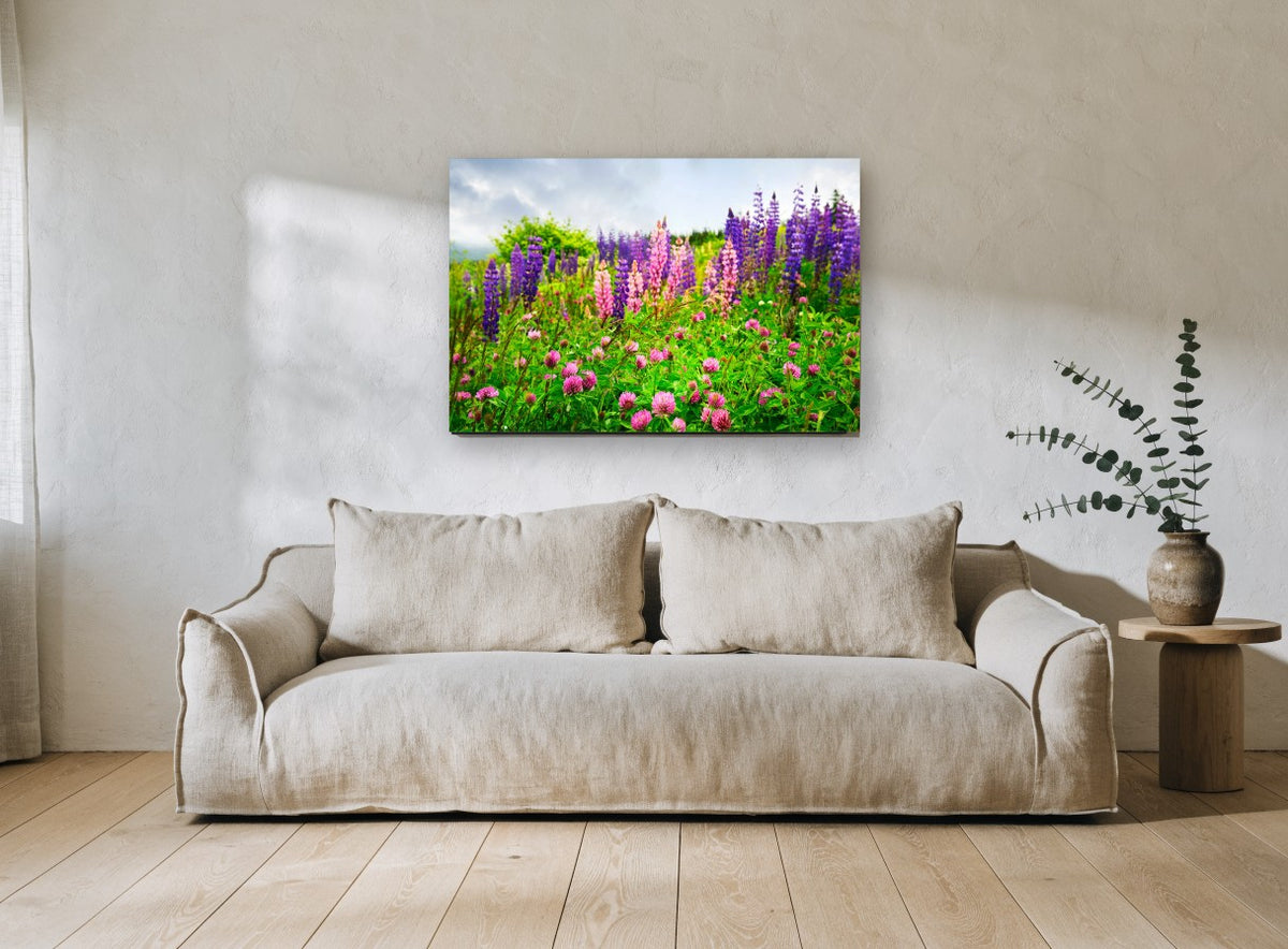 Lupin Meadow Bloom floral canvas print on the wall of a living room