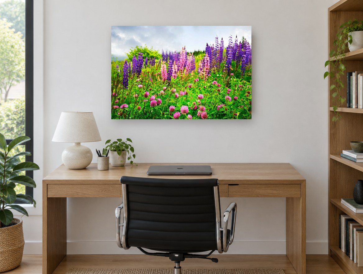 Lupin Meadow Bloom floral canvas print on the wall of a study