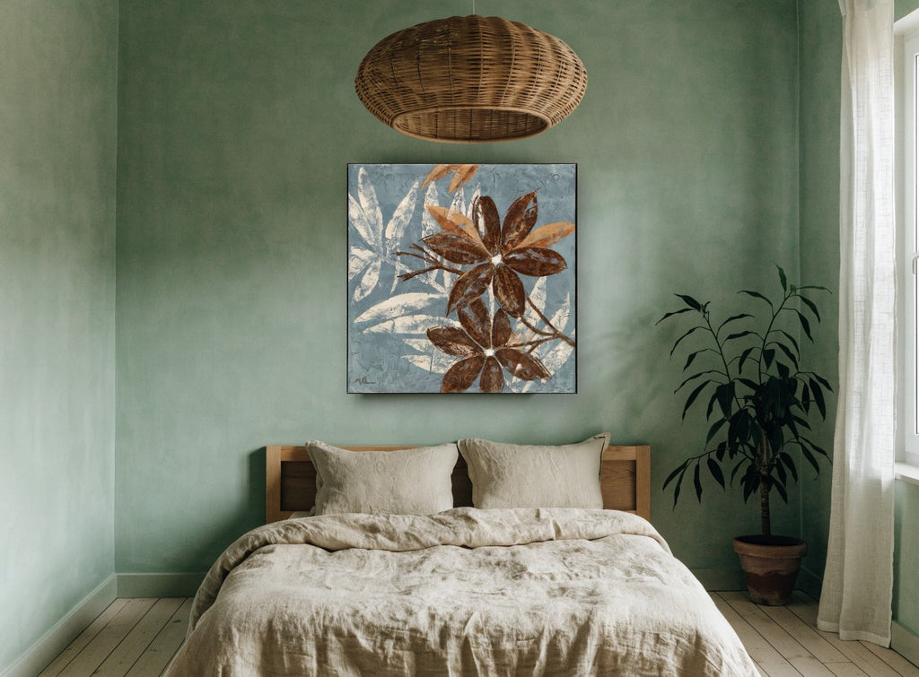 Chocolate Blooms on Slate floral canvas print on the wall of a bedroom