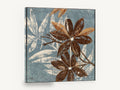 Chocolate Blooms on Slate, brown leaf flowers on blue textured botanical, floral canvas wall art print ready to hang