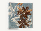 Chocolate Blooms on Slate, brown leaf flowers on blue textured botanical, floral canvas wall art print ready to hang