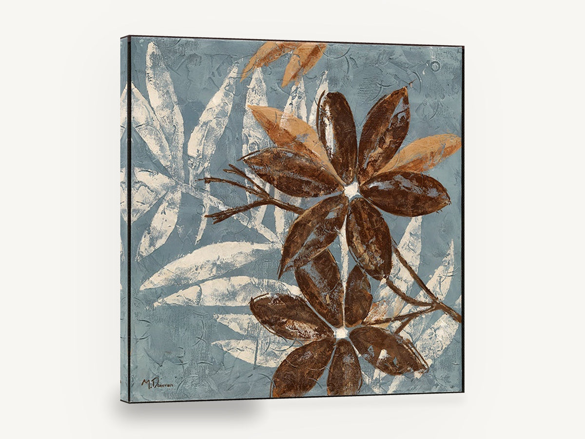 Chocolate Blooms on Slate, brown leaf flowers on blue textured botanical, floral canvas wall art print ready to hang