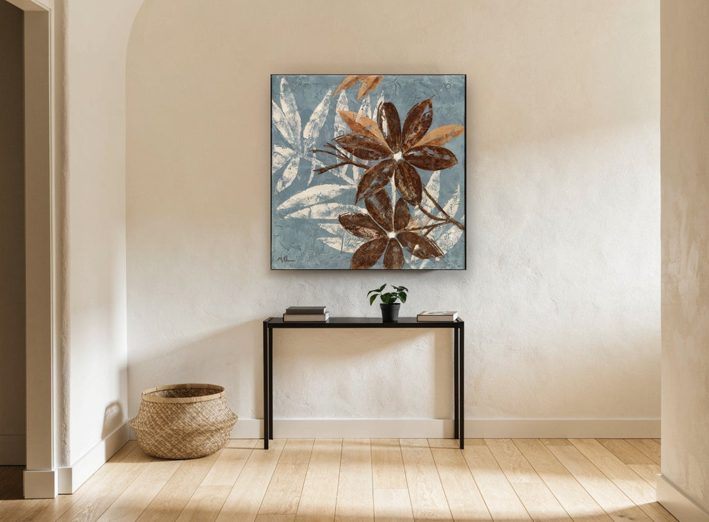 Chocolate Blooms on Slate floral canvas print on the wall of a hallway
