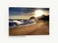 Golden Hour Shorebreak, sunlit beach wave photograph, coastal canvas wall art print ready to hang