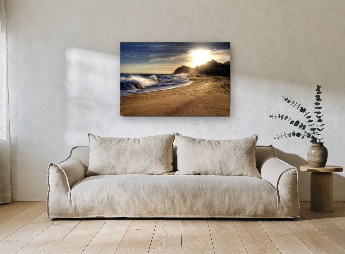 Golden Hour Shorebreak coastal canvas print on the wall of a living room