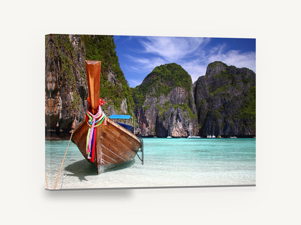 Longtail Boat Lagoon, thai longtail boat turquoise lagoon photograph, coastal canvas wall art print ready to hang