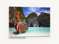 Longtail Boat Lagoon, thai longtail boat turquoise lagoon photograph, coastal canvas wall art print ready to hang