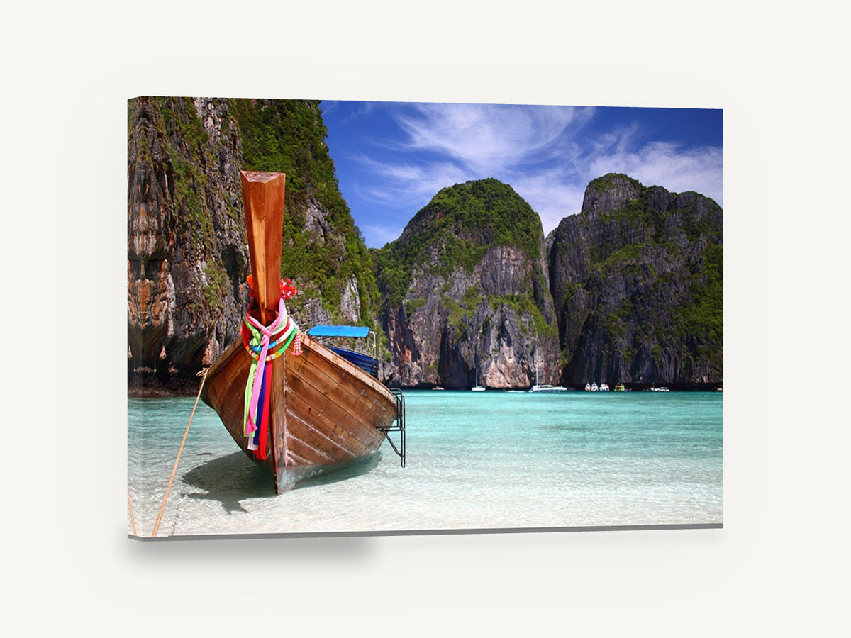 Longtail Boat Lagoon, thai longtail boat turquoise lagoon photograph, coastal canvas wall art print ready to hang