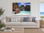 Longtail Boat Lagoon coastal canvas print on the wall of a beach house living room