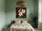 Cream Lilies on Damask floral canvas print on the wall of a bedroom