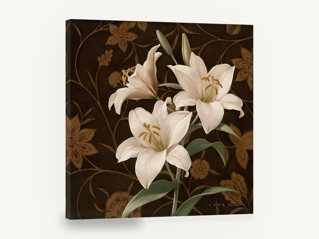 Cream Lilies on Damask, cream lily floral painting on brown, floral canvas wall art print ready to hang