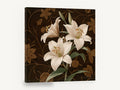 Cream Lilies on Damask, cream lily floral painting on brown, floral canvas wall art print ready to hang