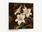 Cream Lilies on Damask, cream lily floral painting on brown, floral canvas wall art print ready to hang