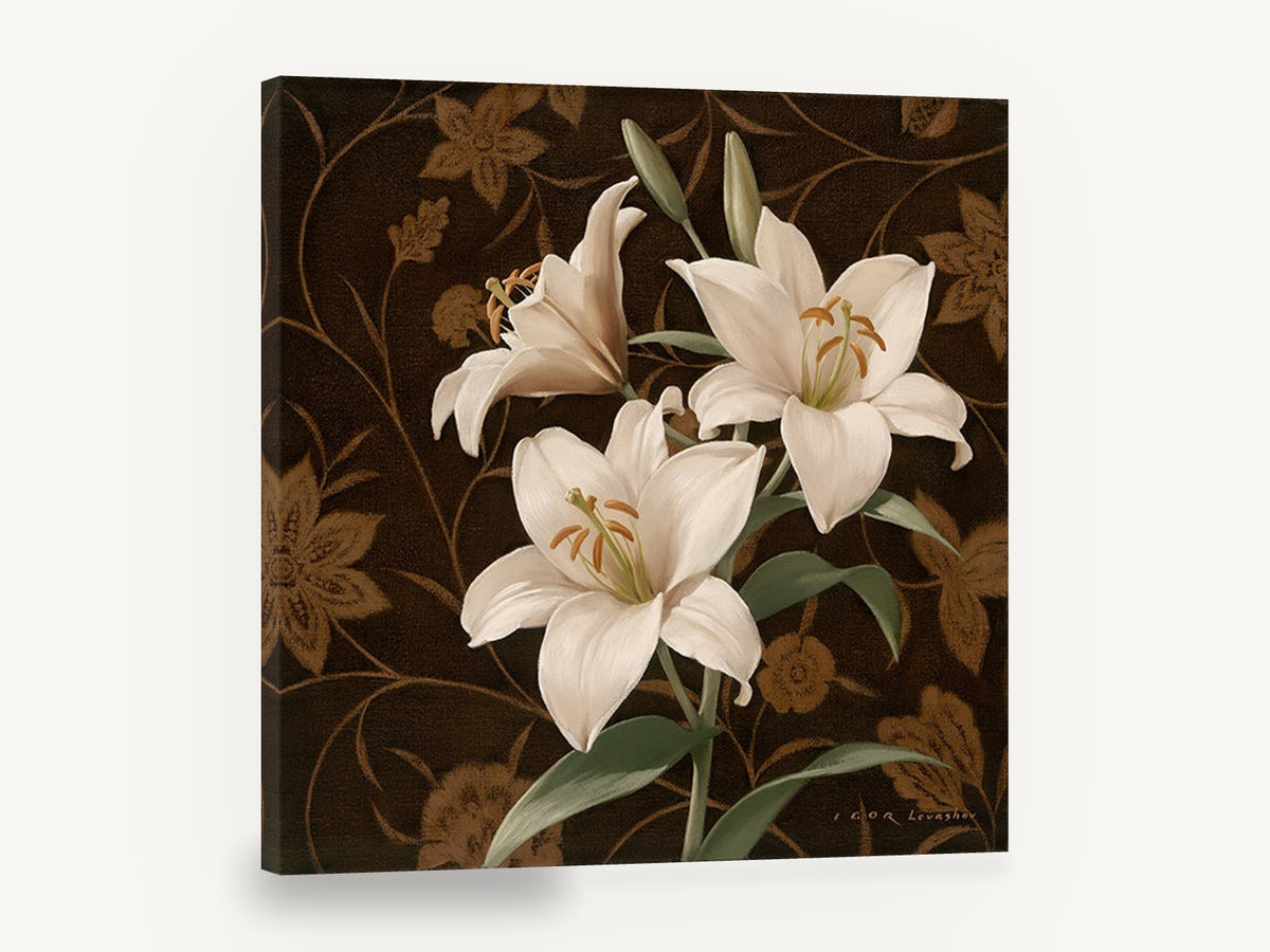 Cream Lilies on Damask, cream lily floral painting on brown, floral canvas wall art print ready to hang