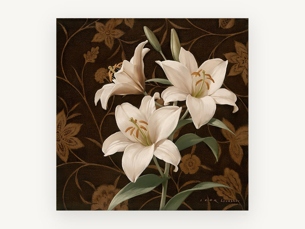 Cream Lilies on Damask, floral canvas wall art print, front view