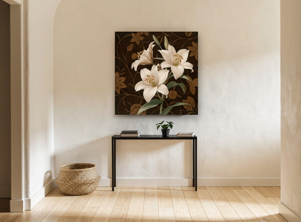 Cream Lilies on Damask floral canvas print on the wall of a hallway
