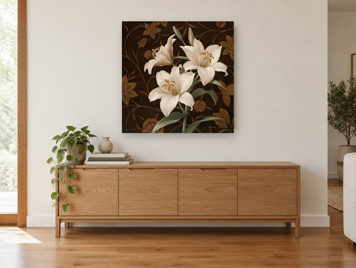 Cream Lilies on Damask floral canvas print on the wall of a living room above a sideboard