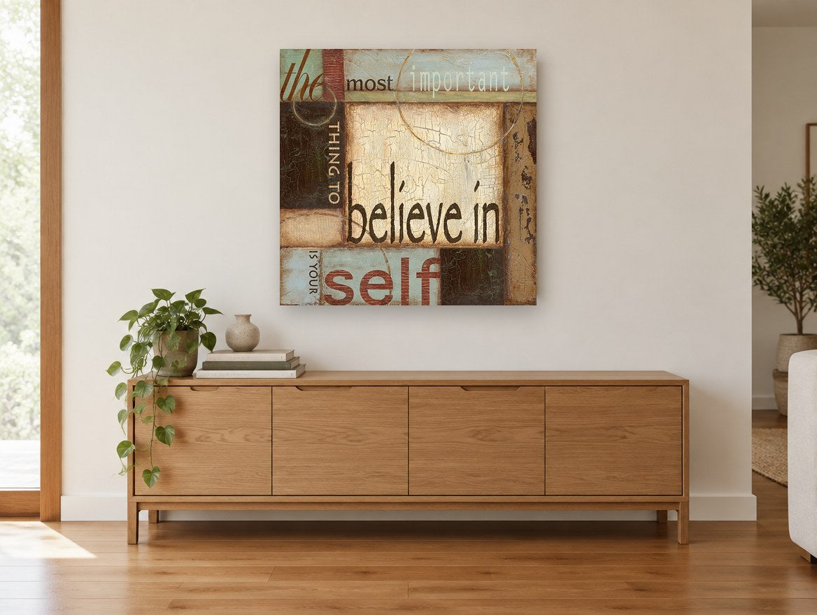 Believe In Yourself vintage canvas print on the wall of a living room above a sideboard