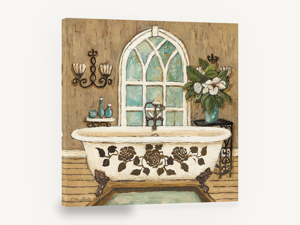 Rose Clawfoot Bathtub, vintage clawfoot bath floral, floral canvas wall art print ready to hang