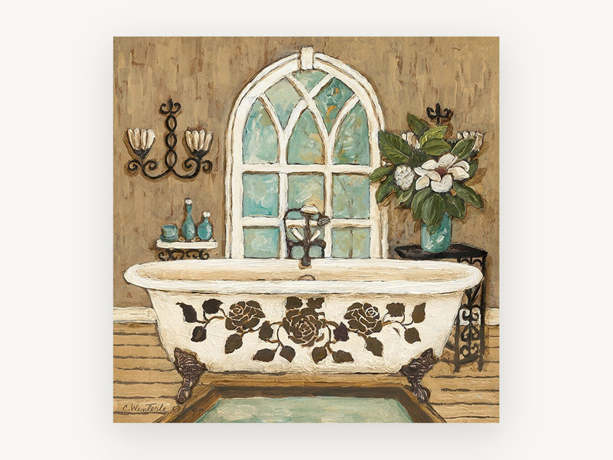 Rose Clawfoot Bathtub, floral canvas wall art print, front view