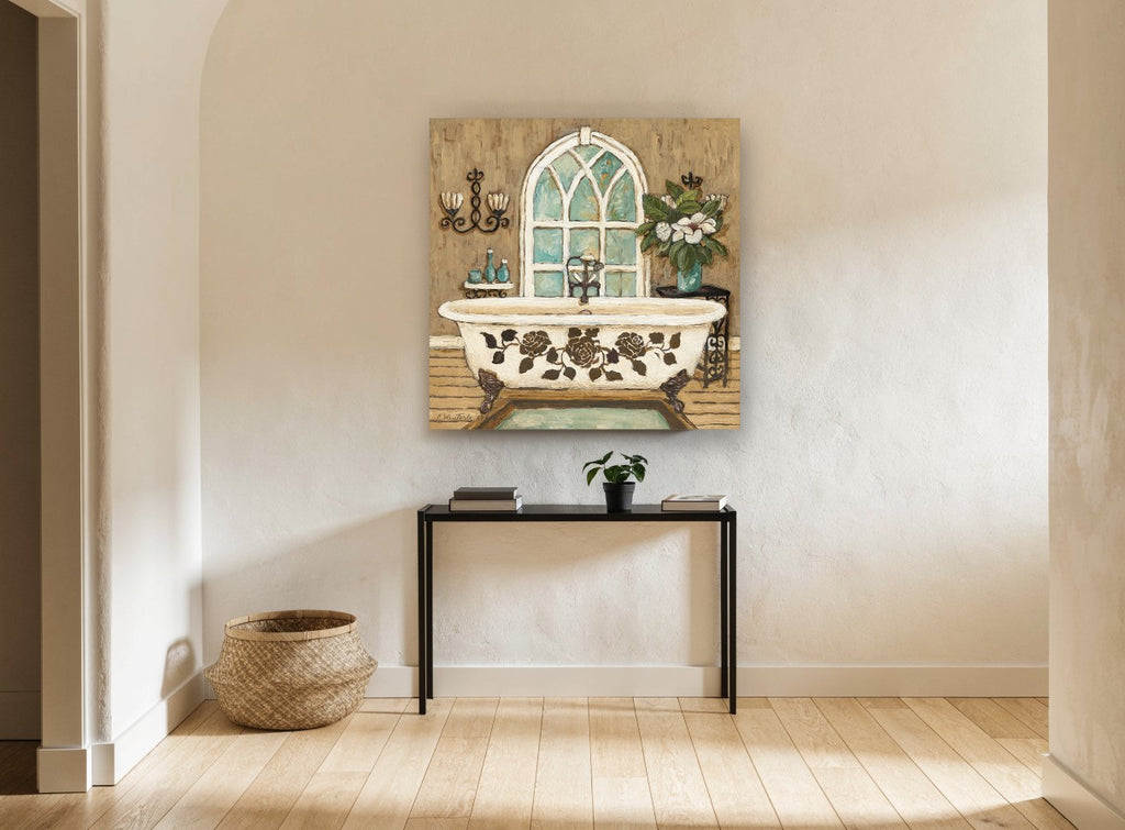 Rose Clawfoot Bathtub floral canvas print on the wall of a hallway