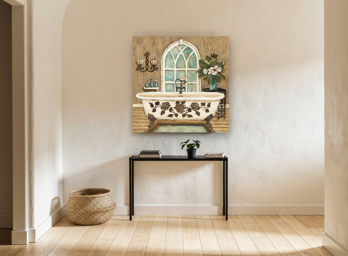 Rose Clawfoot Bathtub floral canvas print on the wall of a hallway