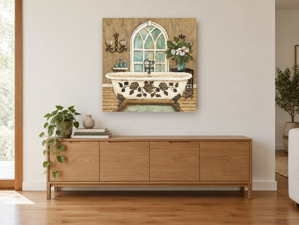 Rose Clawfoot Bathtub floral canvas print on the wall of a living room above a sideboard