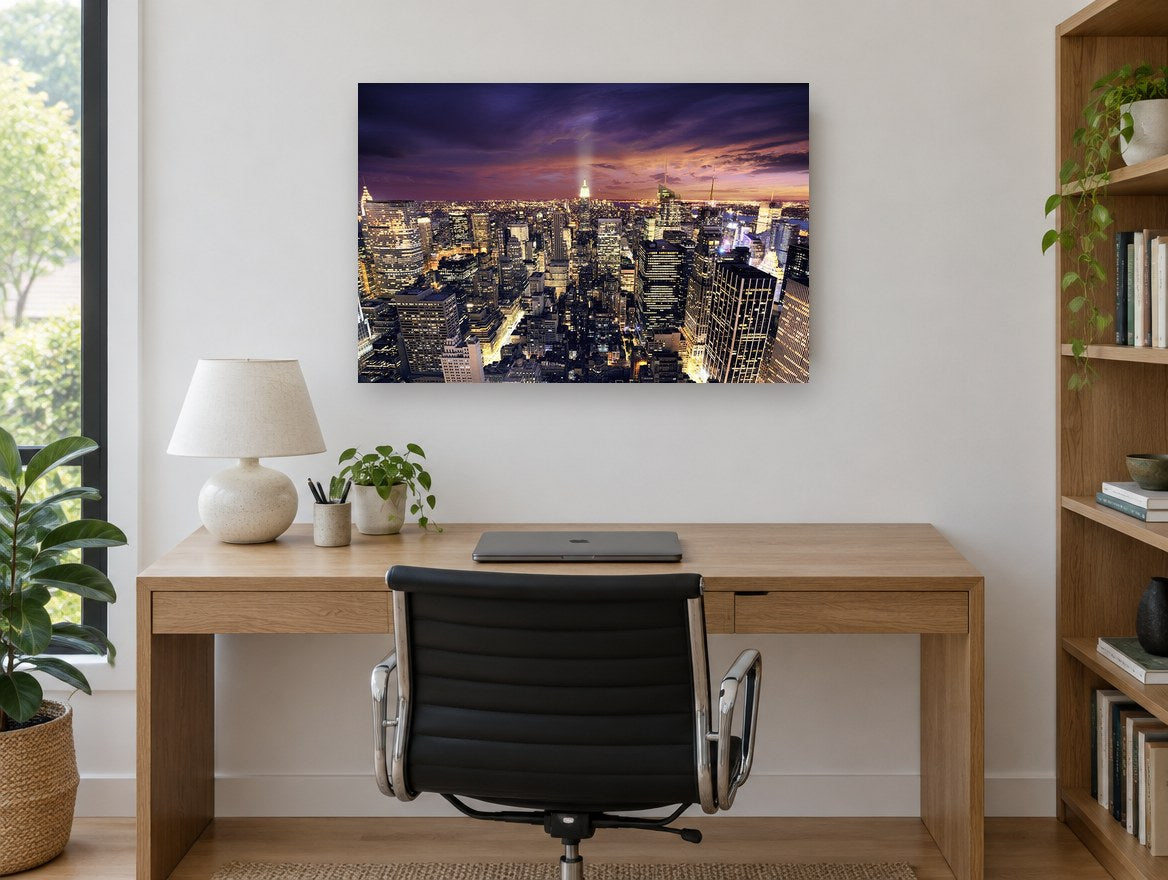 Manhattan Dusk Glow city canvas print on the wall of a study