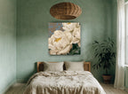 Cream Peonies on Damask floral canvas print on the wall of a bedroom