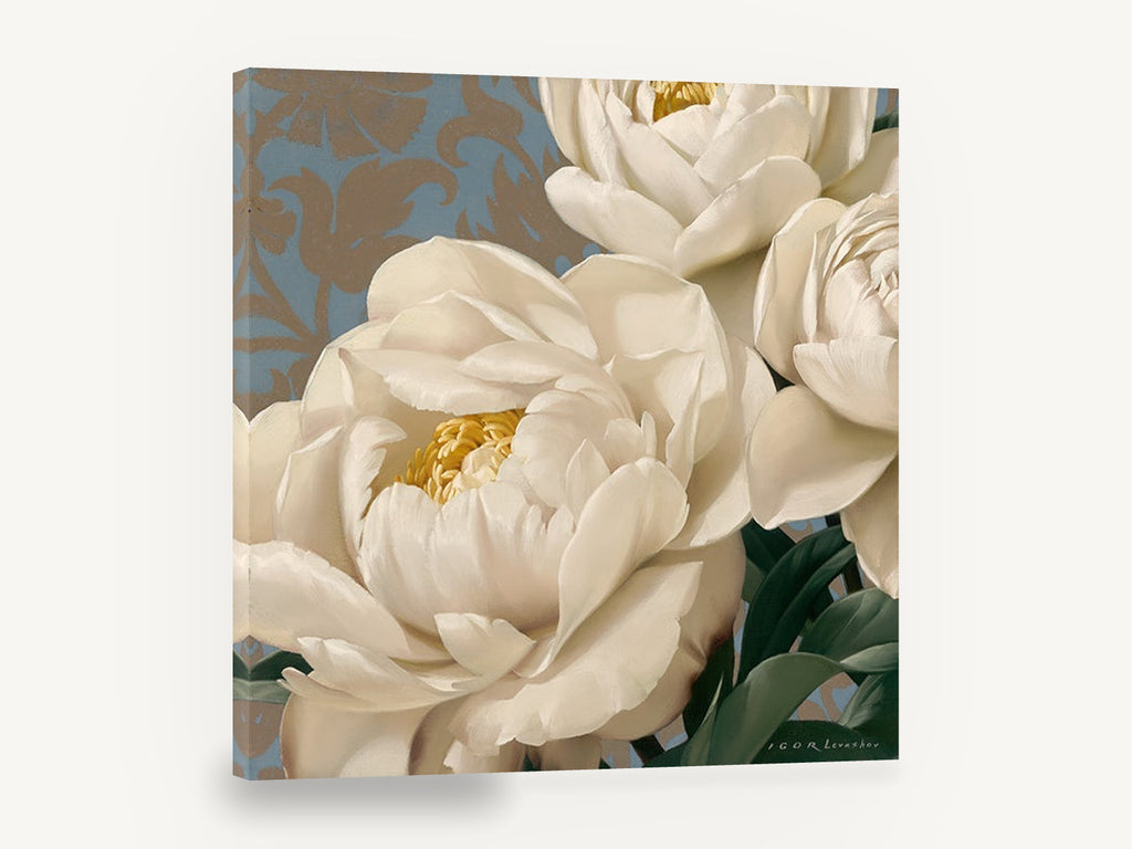 Cream Peonies on Damask, cream peonies blue damask floral, floral canvas wall art print ready to hang