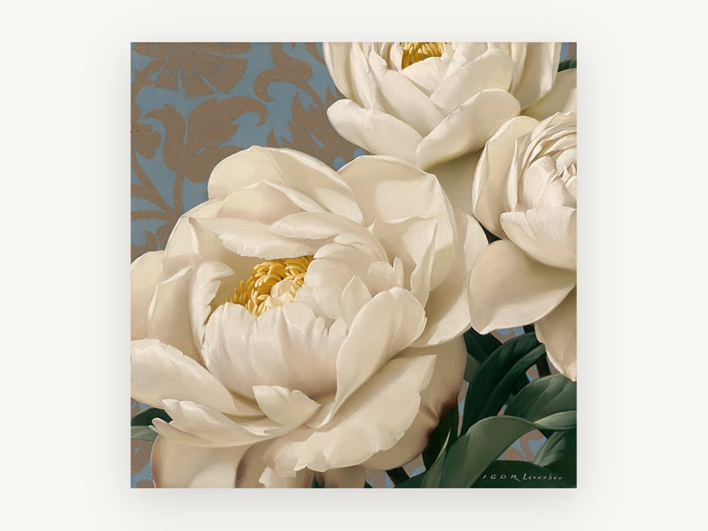 Cream Peonies on Damask, floral canvas wall art print, front view