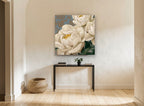 Cream Peonies on Damask floral canvas print on the wall of a hallway