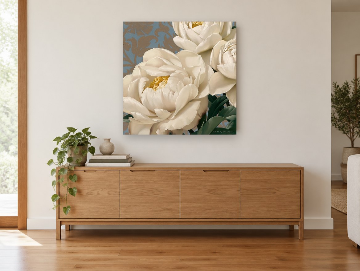 Cream Peonies on Damask floral canvas print on the wall of a living room above a sideboard