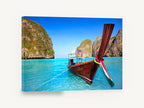 Longtail Boat Lagoon, thai longtail boat turquoise lagoon photograph, coastal canvas wall art print ready to hang