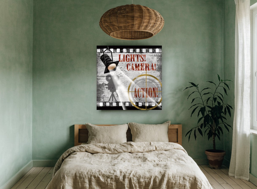 Lights Camera Action Reel vintage canvas print on the wall of a bedroom