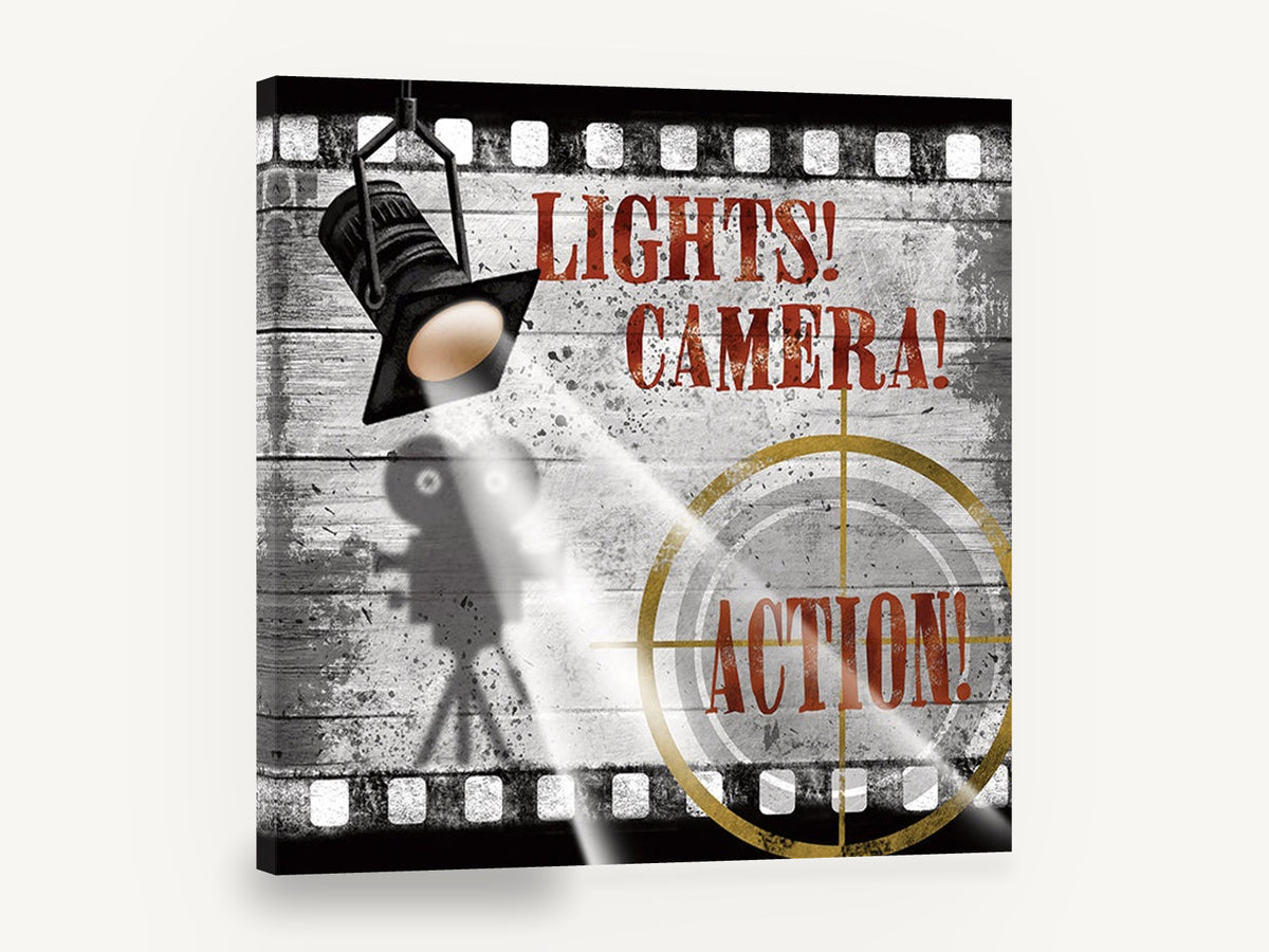 Lights Camera Action Reel, retro movie set typography, stretched canvas wall art print ready to hang