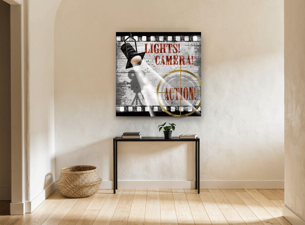 Lights Camera Action Reel vintage canvas print on the wall of a hallway