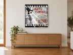 Lights Camera Action Reel vintage canvas print on the wall of a living room above a sideboard