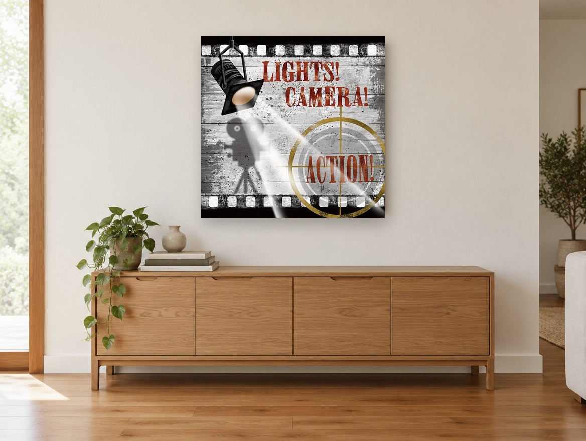 Lights Camera Action Reel vintage canvas print on the wall of a living room above a sideboard