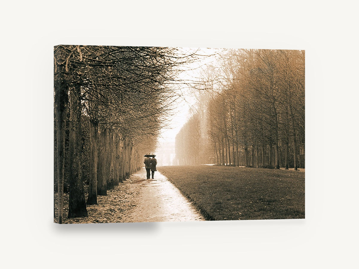 Rainy Walk Together, sepia tree lined path photograph, landscape canvas wall art print ready to hang