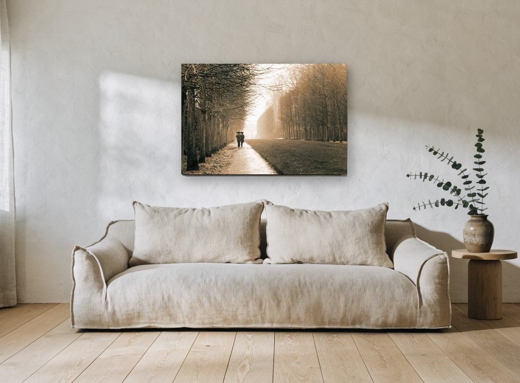 Rainy Walk Together landscape canvas print on the wall of a living room