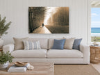 Rainy Walk Together landscape canvas print on the wall of a beach house living room