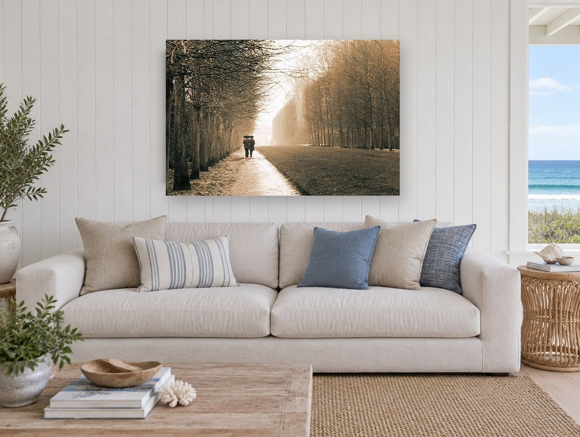 Rainy Walk Together landscape canvas print on the wall of a beach house living room