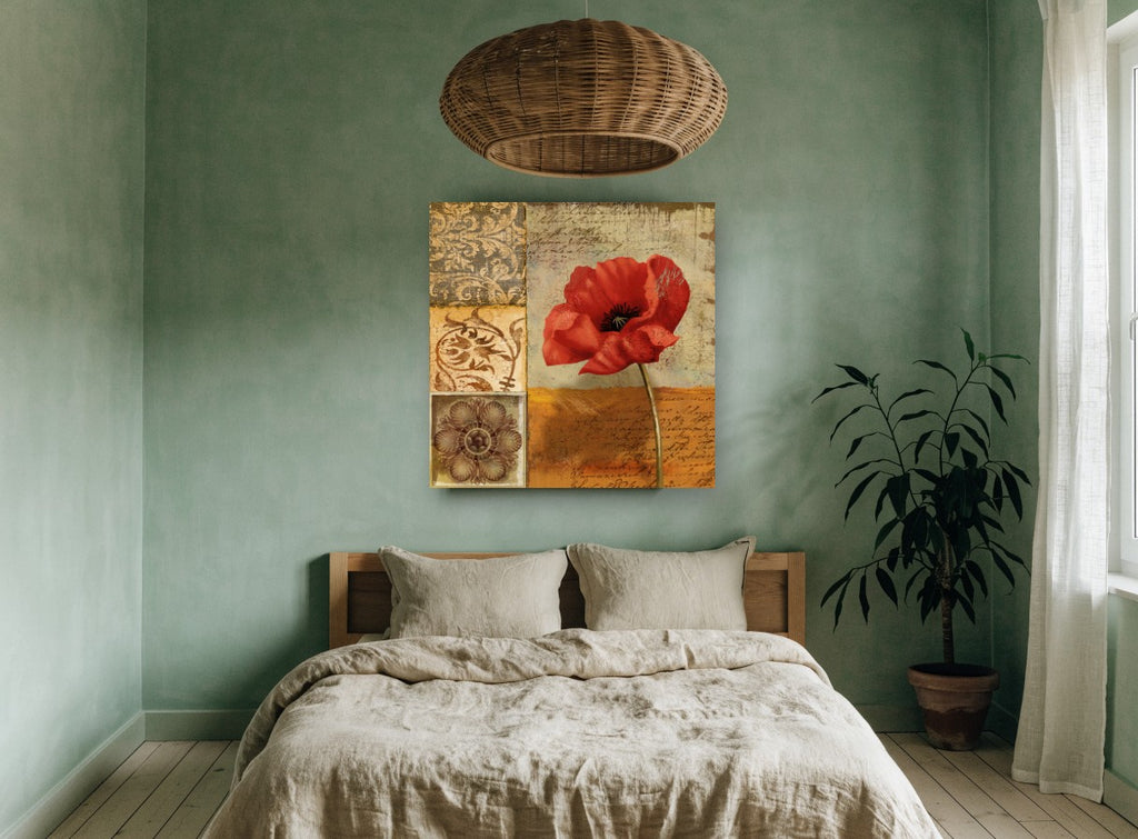 Poppy and Script floral canvas print on the wall of a bedroom